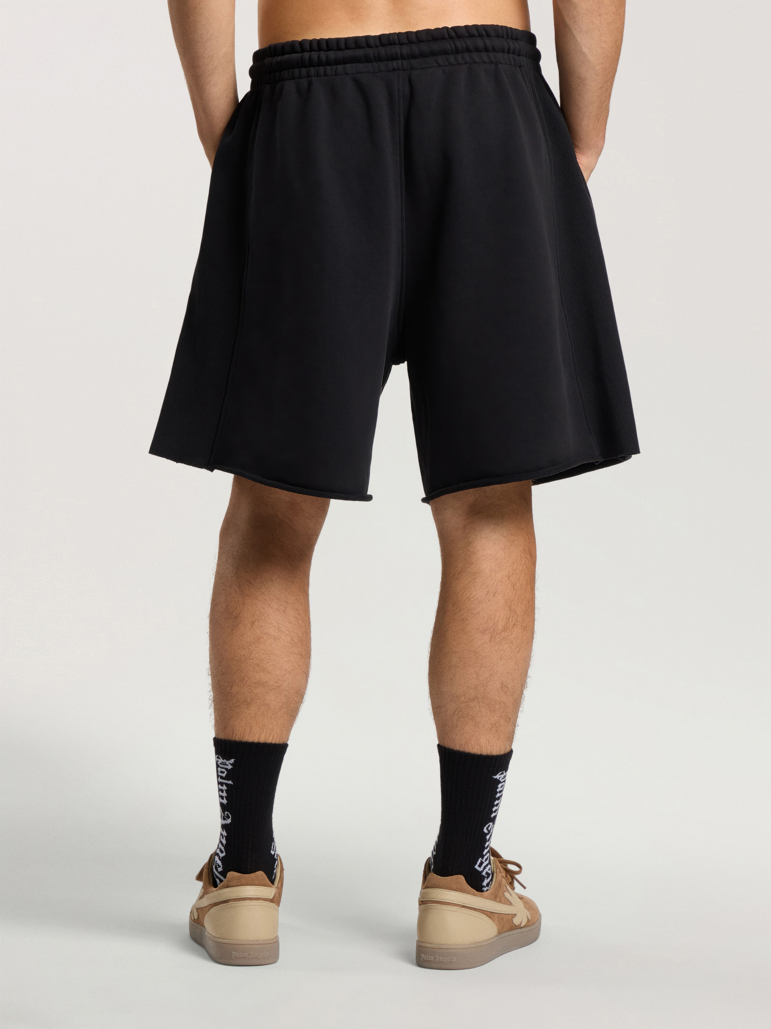PALM ANGELS Palm Type Sweat Shorts BLACK - OFF WHITE PAMCV03F26FL01