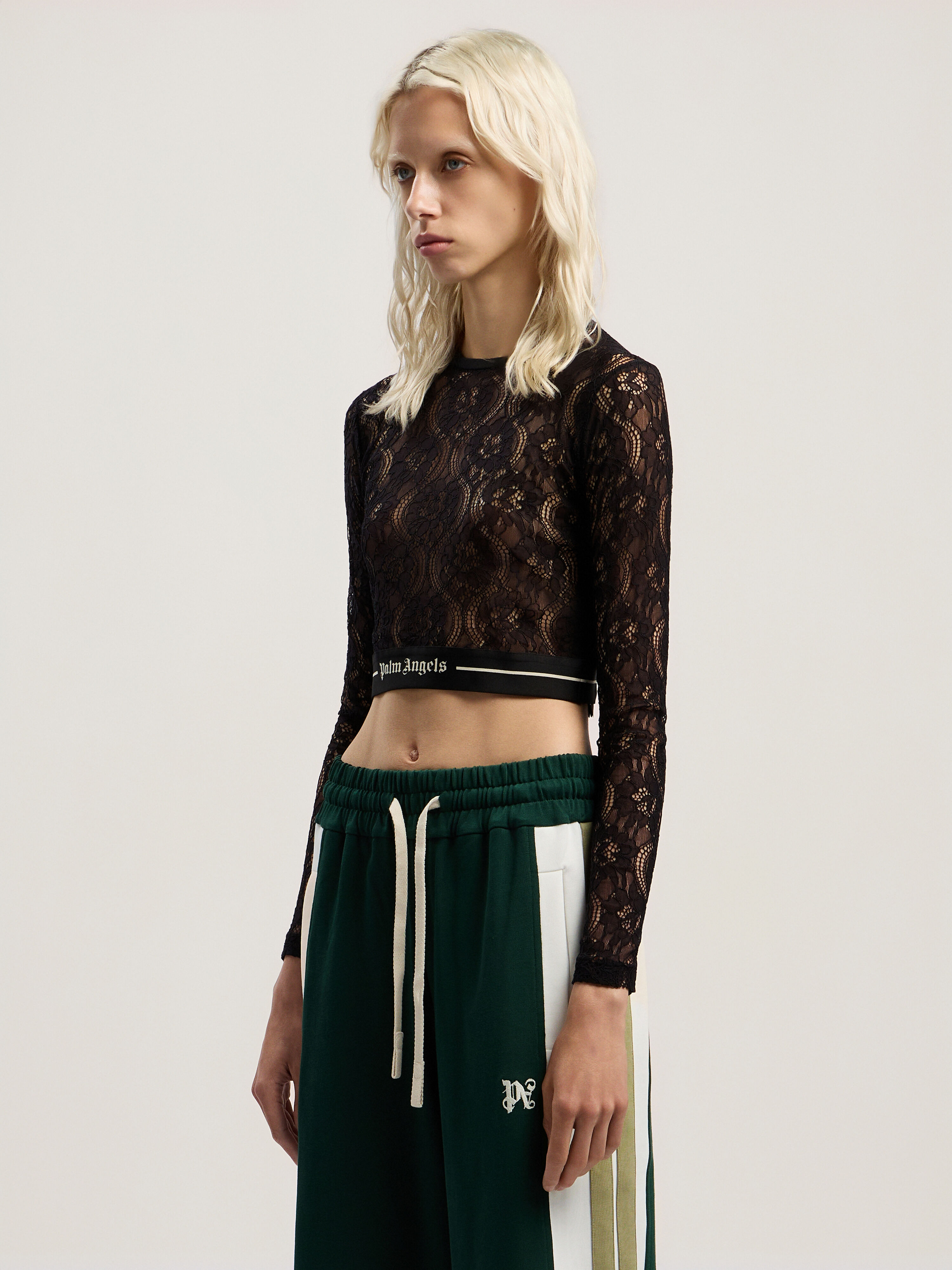 PALM ANGELS Classic Logo Lace Top BLACK - BLACK PWAD07CF25FAB001