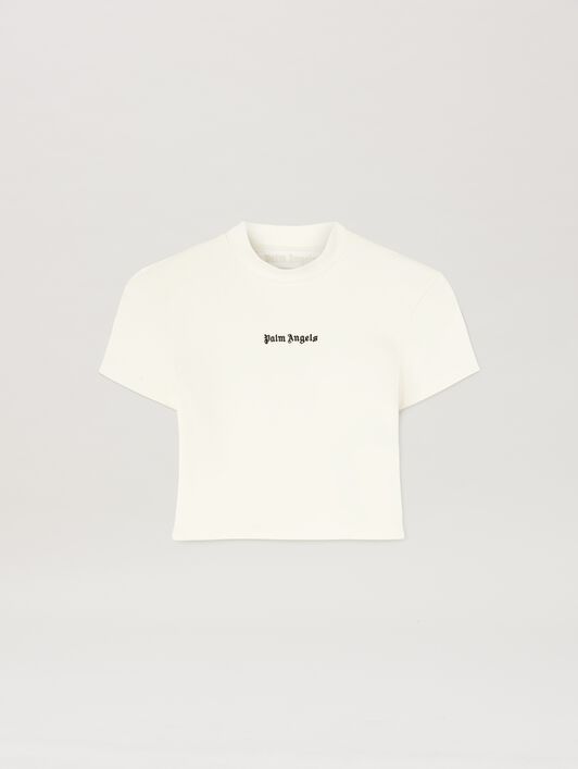 PALM ANGELS  Cropped Baby T-Shirt mit klassischem Logo OFF WHITE - BLACK PWAA074C99JER001