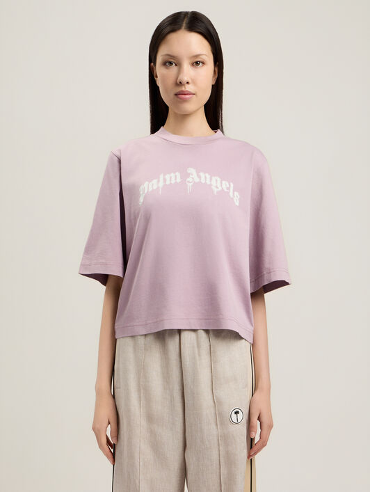 PALM ANGELS Curved Logo Boxy T-Shirt LILAC OFF WHITE PWAA079S26JER004