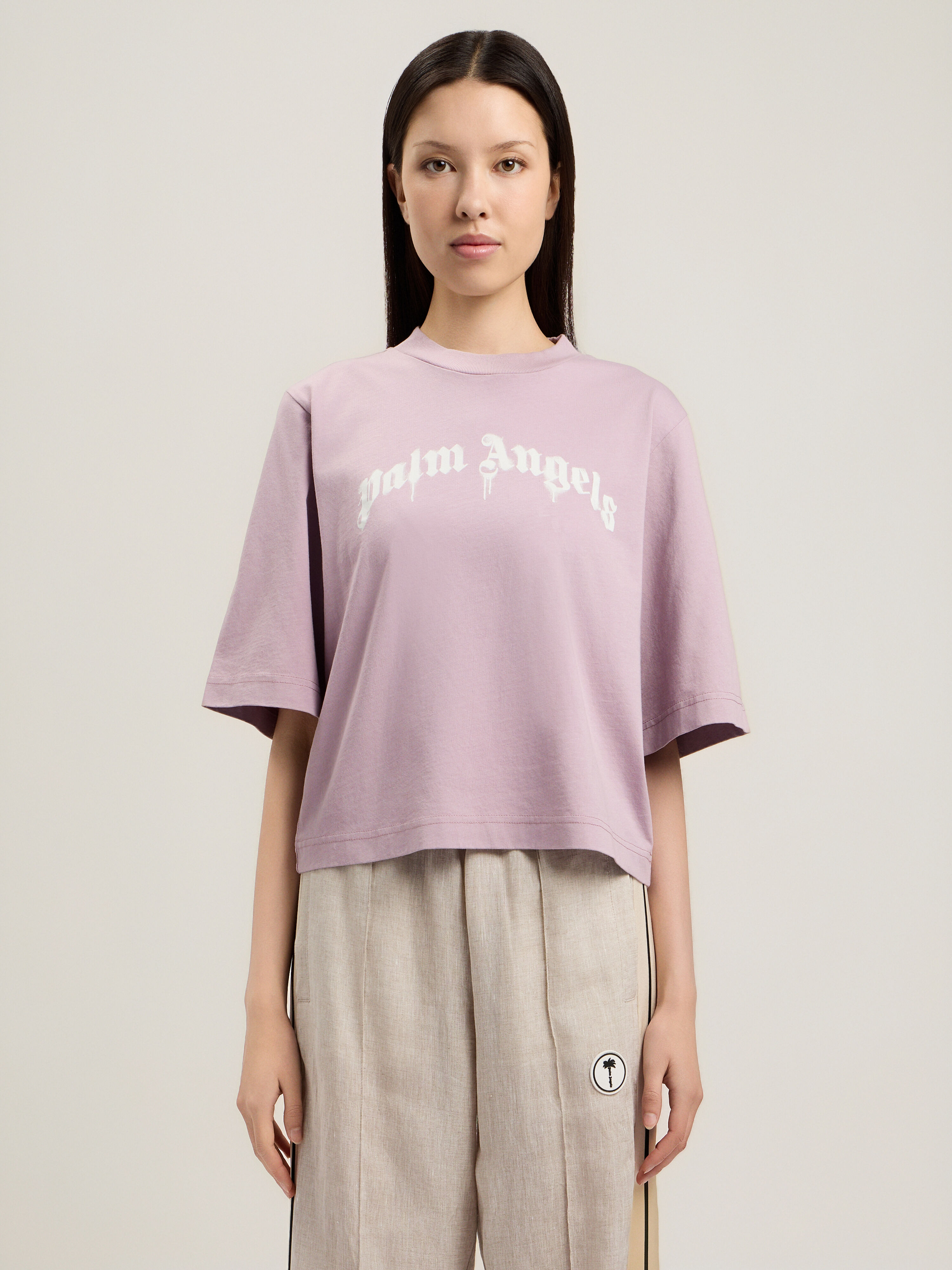 PALM ANGELS Curved Logo Boxy T-Shirt LILAC OFF WHITE PWAA079S26JER004