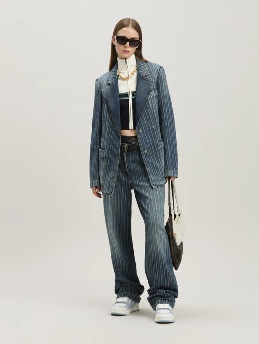 PALM ANGELS  Laser pinstriped denim blazer LIGHT BLUE - WHITE PWYE041S25DEN001