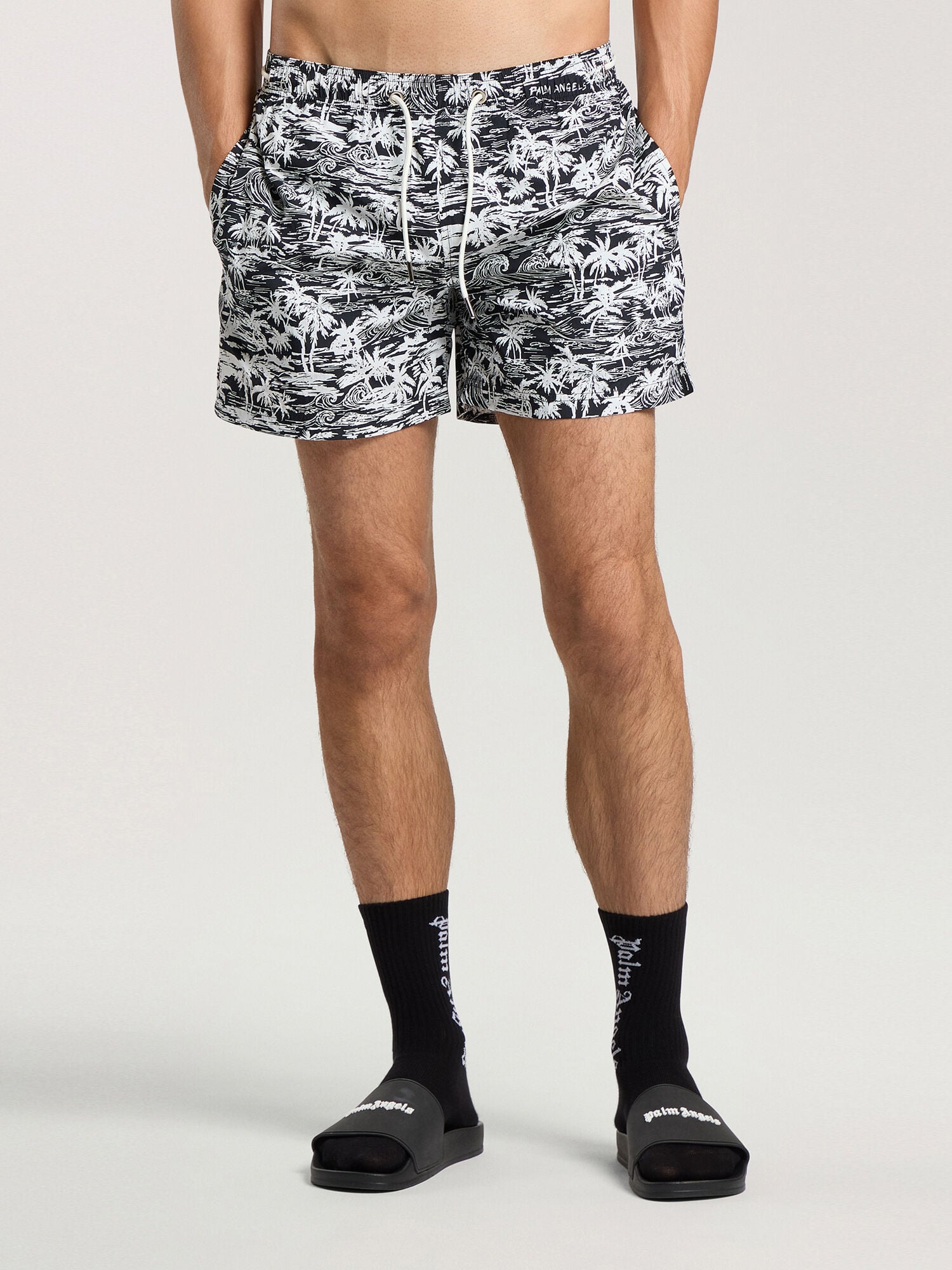 Palm Waves Swim Shorts PALM ANGELS Palm Waves Swim Shorts BLACK - OFF WHITE PAMFD03F26FB01