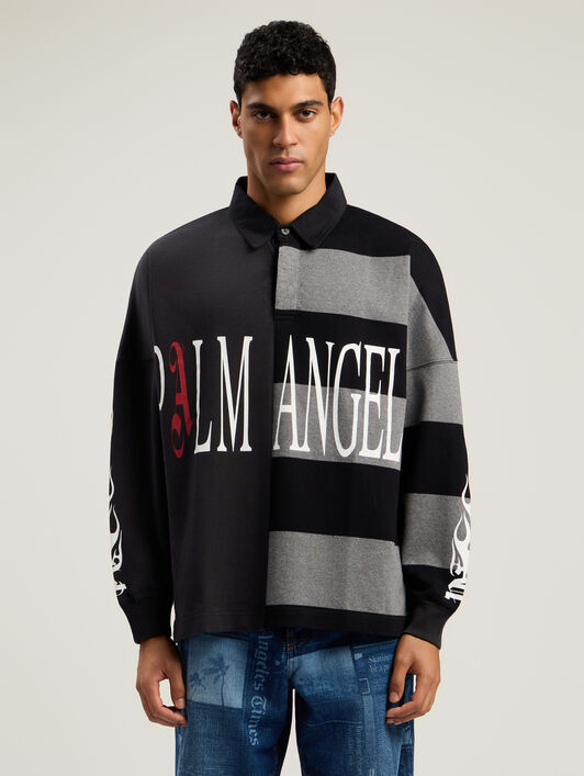 PALM ANGELS Flames Flag Polo L/Sg BLACK - GREY MELANGE PMGC01BF25FAB001