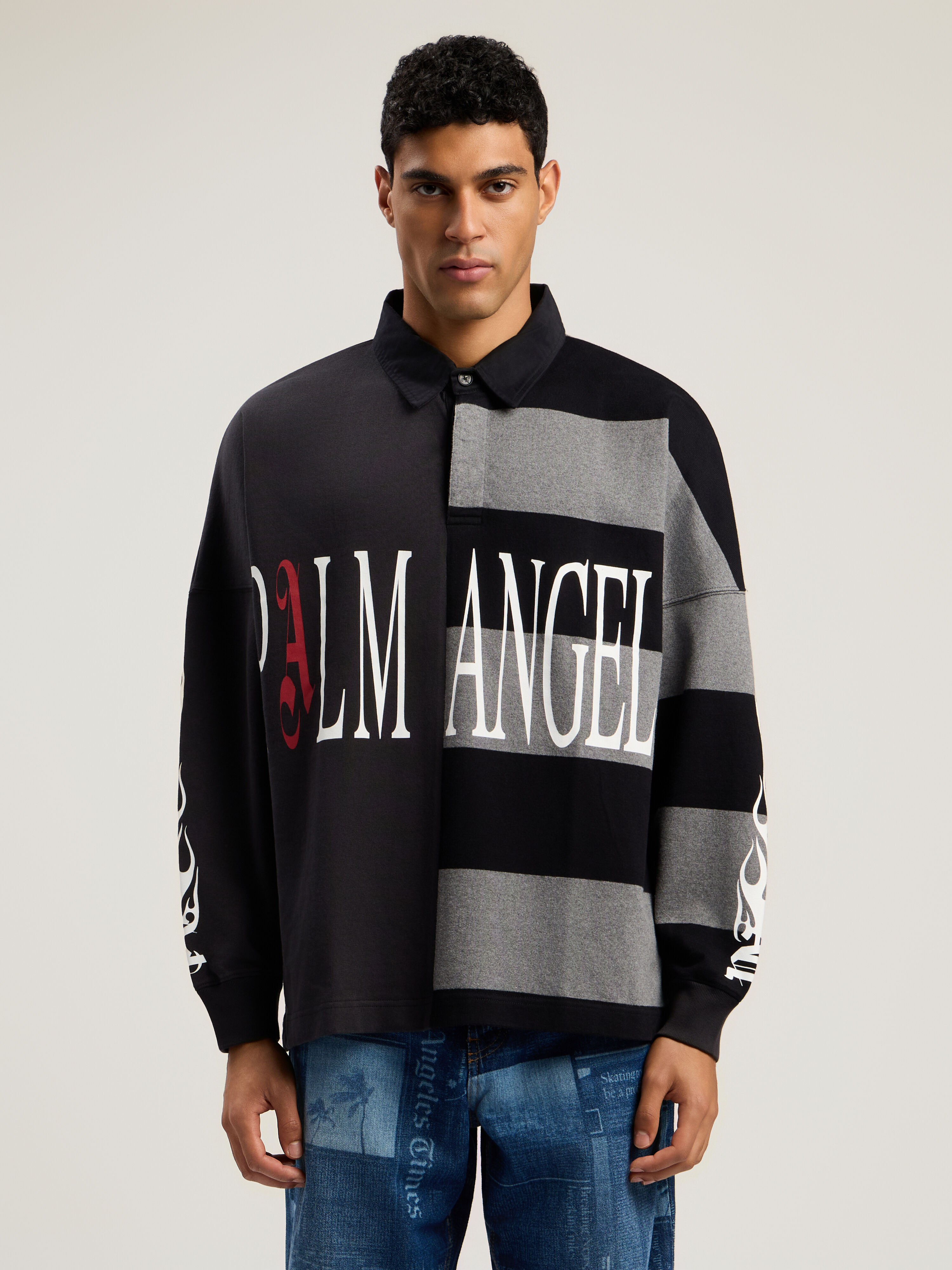 PALM ANGELS Flames Flag Polo L/Sg BLACK - GREY MELANGE PMGC01BF25FAB001