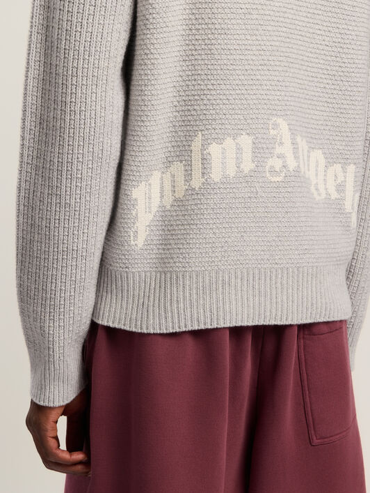 PALM ANGELS Curved Logo Ribbed Sweater GREY MELANGE - OFF WHITE PMHE083F25KNI001