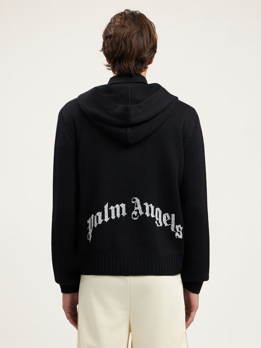 PALM ANGELS Curved Logo Knit Hoodie BLACK OFF WHITE PMHU02CS26KNI001
