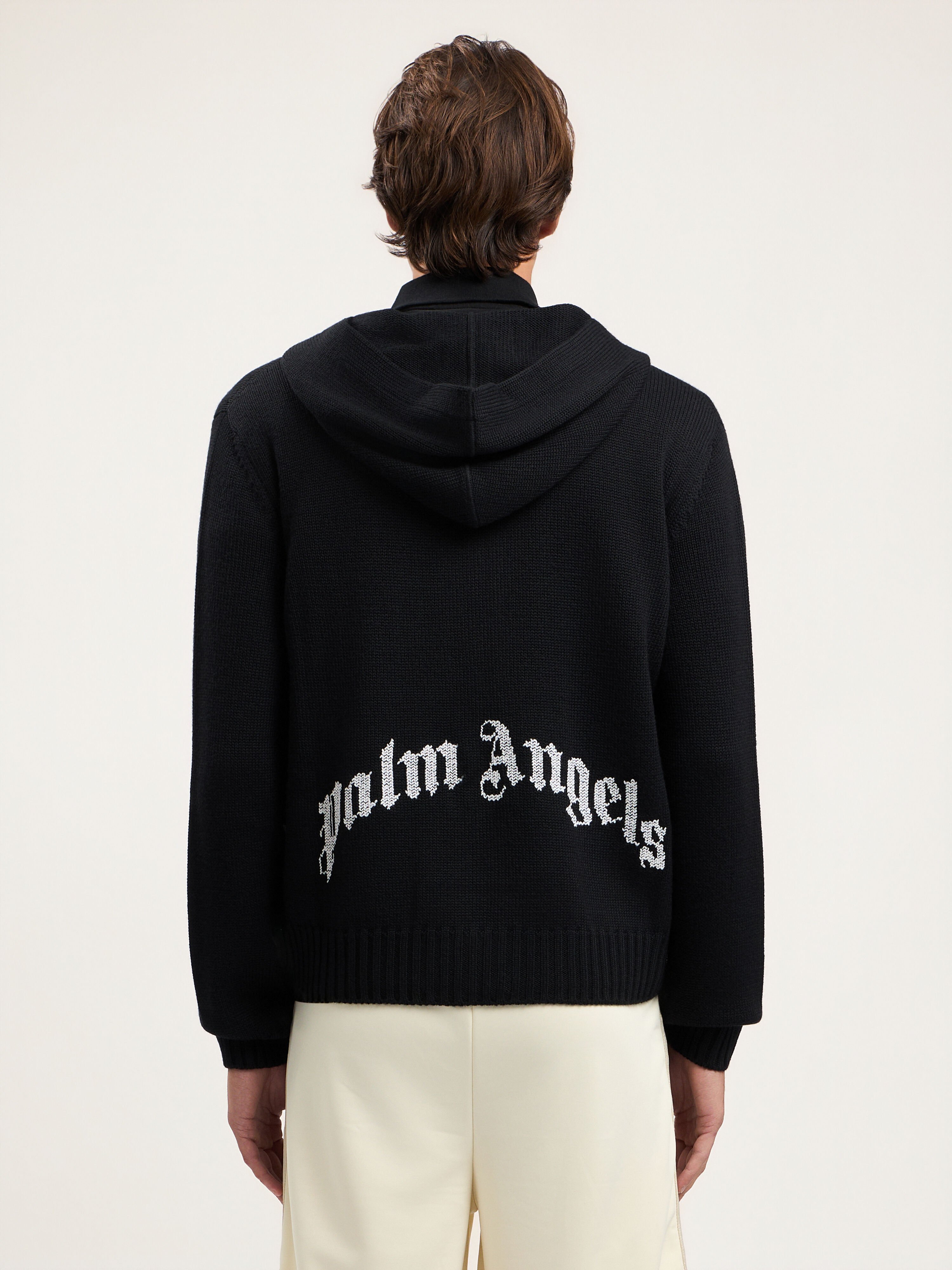 PALM ANGELS Curved Logo Knit Hoodie BLACK OFF WHITE PMHU02CS26KNI001