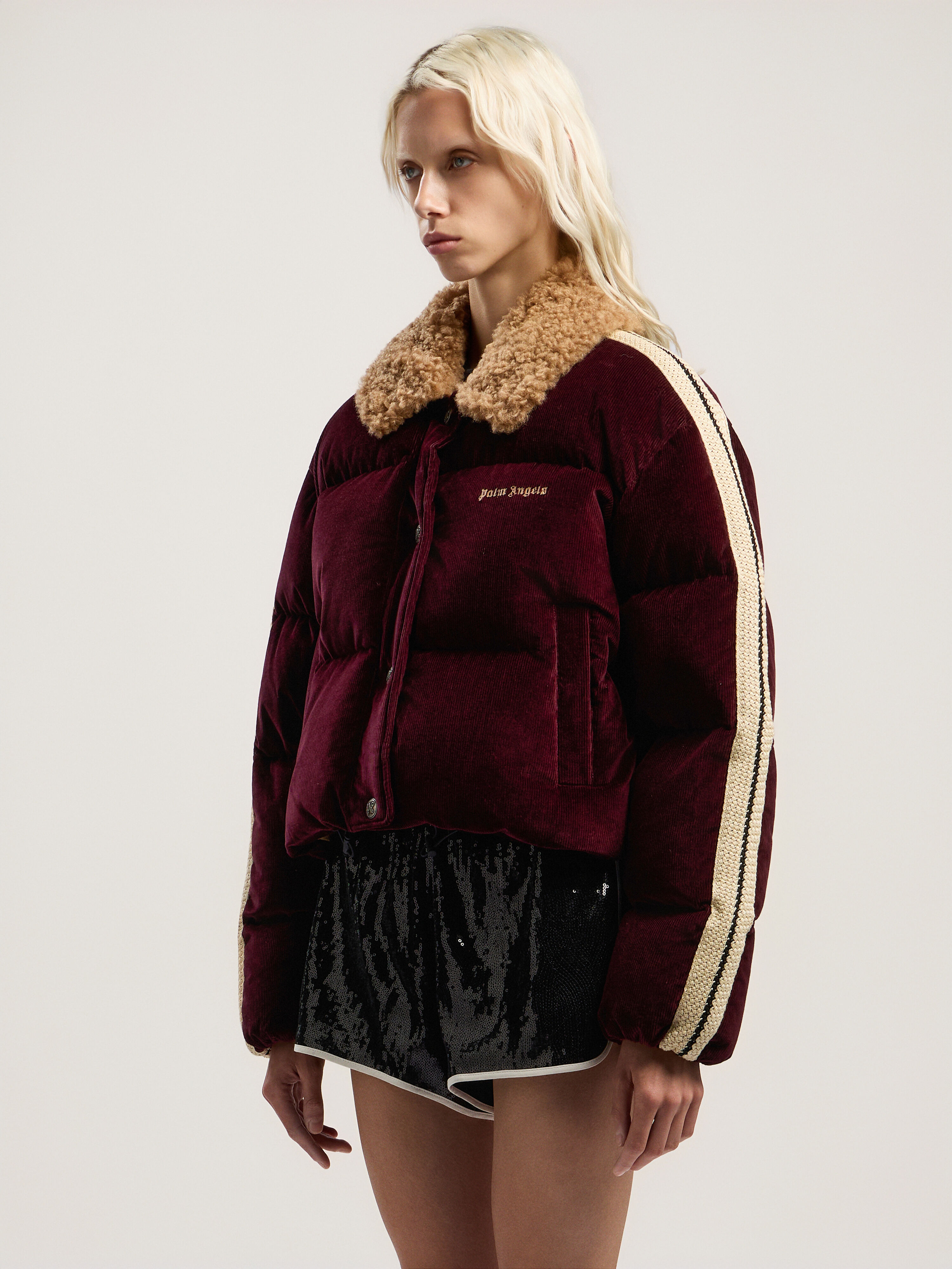 PALM ANGELS Classic Logo Cord Down Jacket BURGUNDY - BROWN PWED029F25FAB001