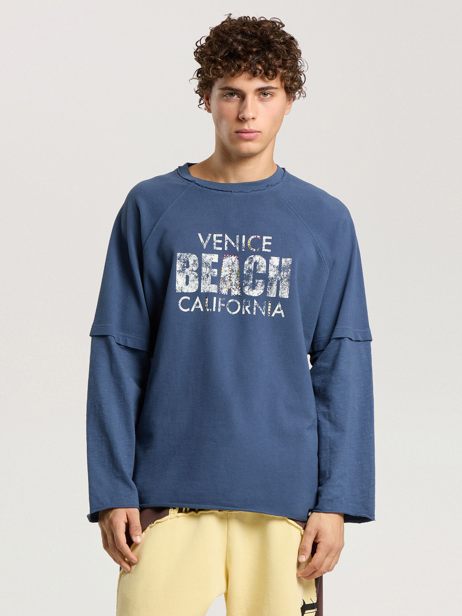 PALM ANGELS Cali Vibes Layered Tee L/S NAVY BLUE - OFF WHITE PAMAB03F26JR01
