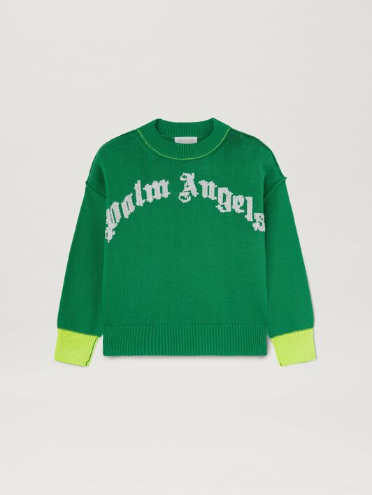 PALM ANGELS  Pullover mit geschwungenem Logo GREEN OFF WHITE PBHE001S25KNI001