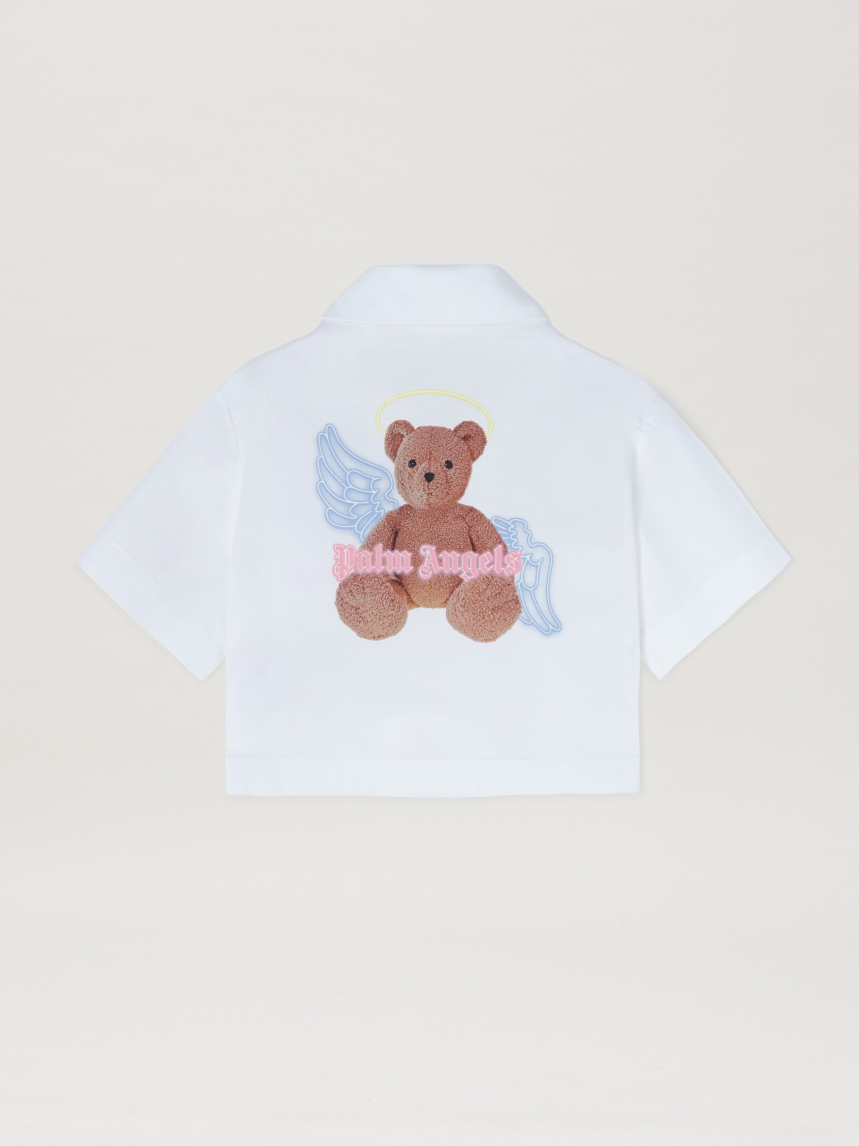 PALM ANGELS  Kurzärmeliges Crop Shirt mit Bärenengel WHITE - BROWN PGGG001C99FAB001