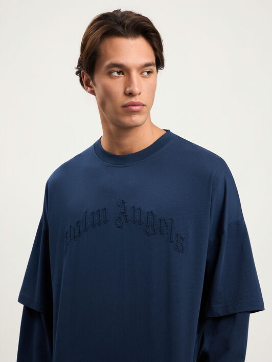 PALM ANGELS Curved Logo Double Long-Sleeved T-shirt NAVY BLUE NAVY BLUE PMAB05KS26JER001