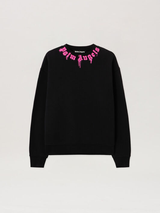 Neck Logo Crew Sweatshirt PALM ANGELS Neck Logo Crew Sweatshirt BLACK - FUCHSIA PMBA08HF25FLE005