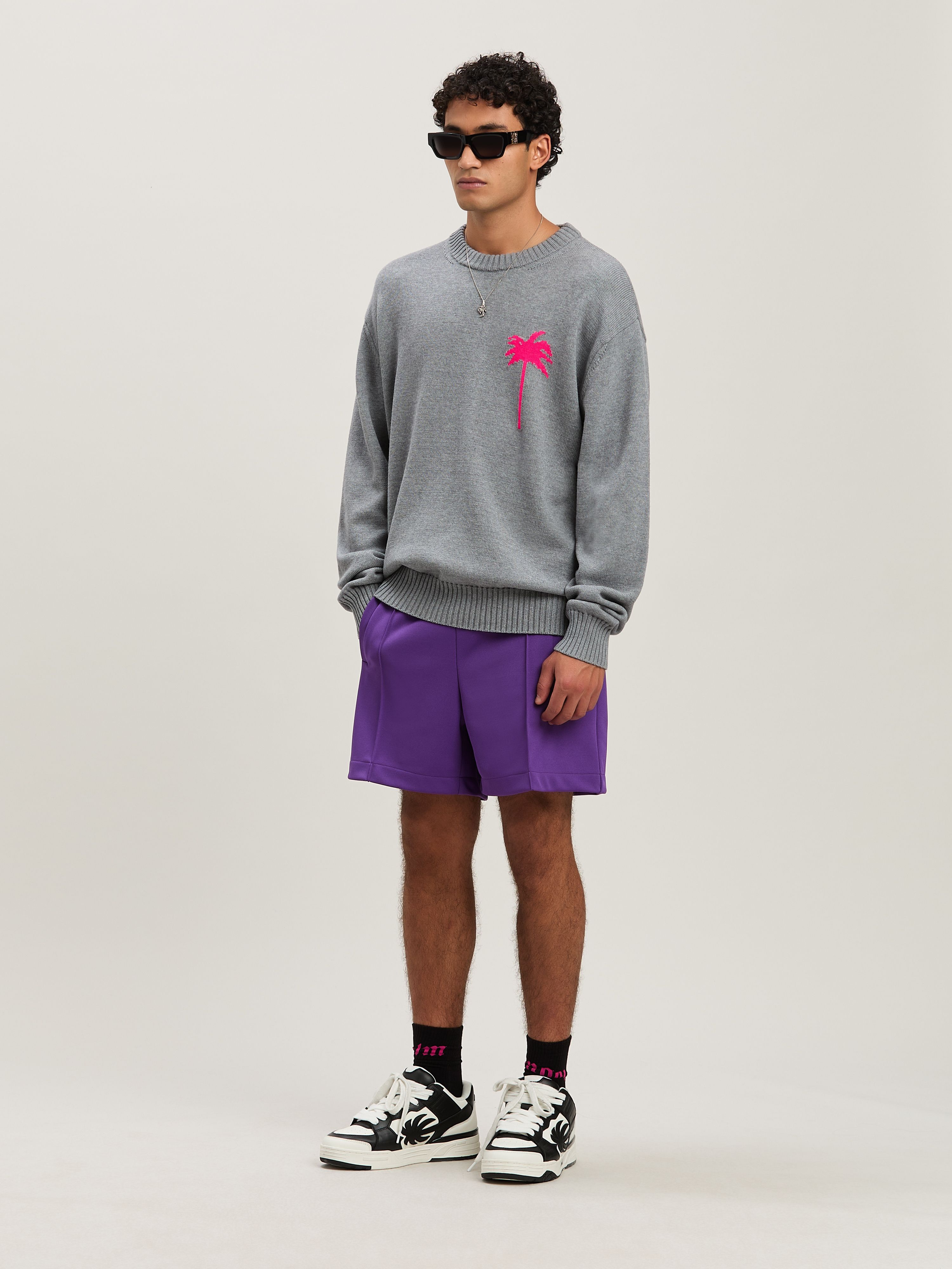 PALM ANGELS  Palm Inlay knit sweater GREY MELANGE - FUCHSIA PMHE080S25KNI001
