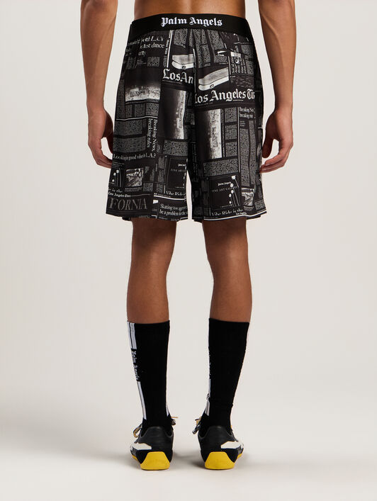 News Print Drawstring Shorts PALM ANGELS News Print Drawstring Shorts BLACK - OFF WHITE PMCB044F25FAB001