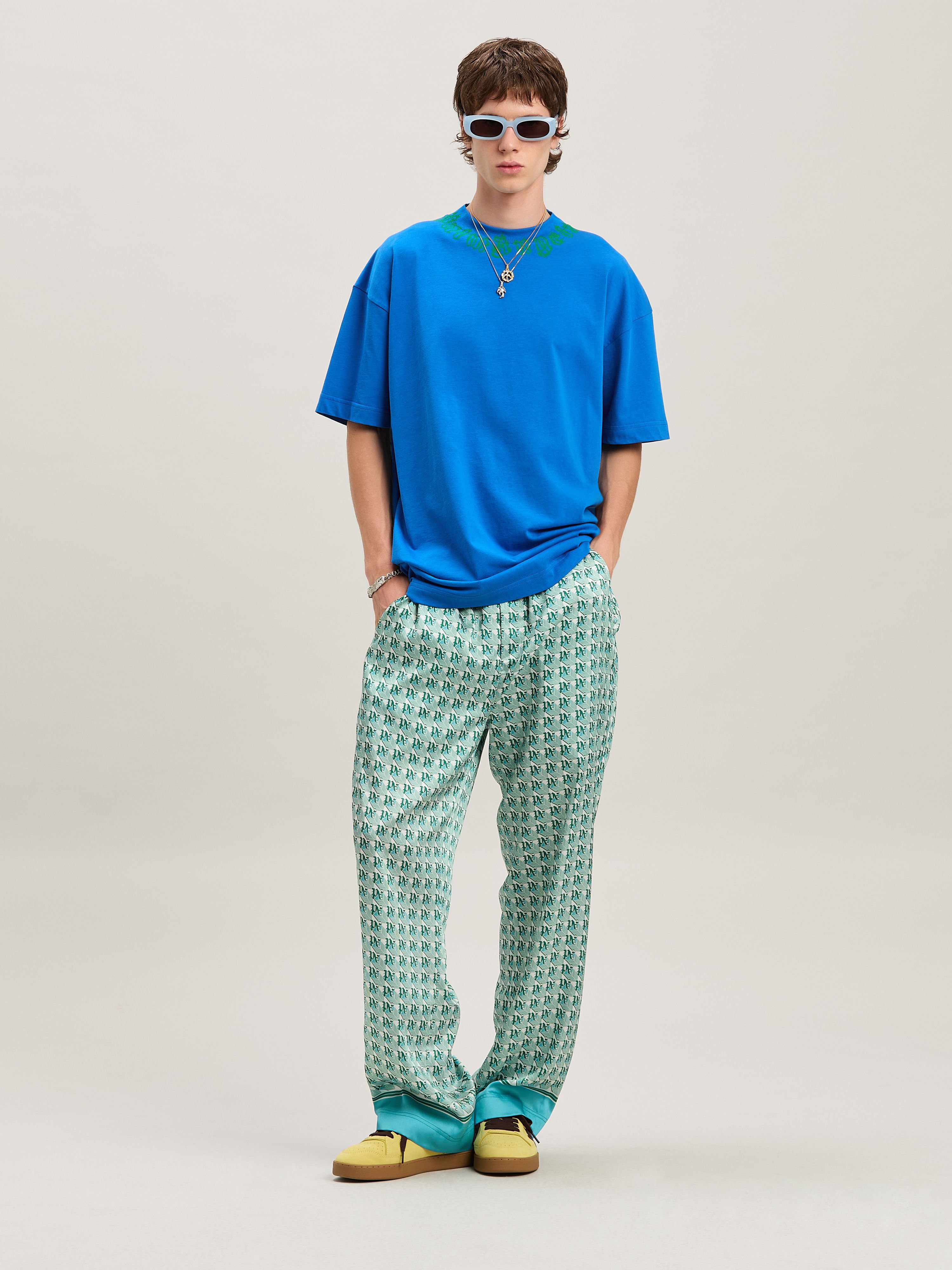 PALM ANGELS  Flame logo T-shirt BLUE - GREEN PMAA001S25JER002