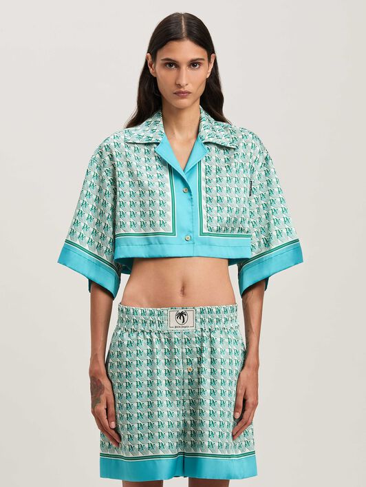 PALM ANGELS  PA Diamond cropped shirt GREEN - IVORY PWGG003S25FAB001