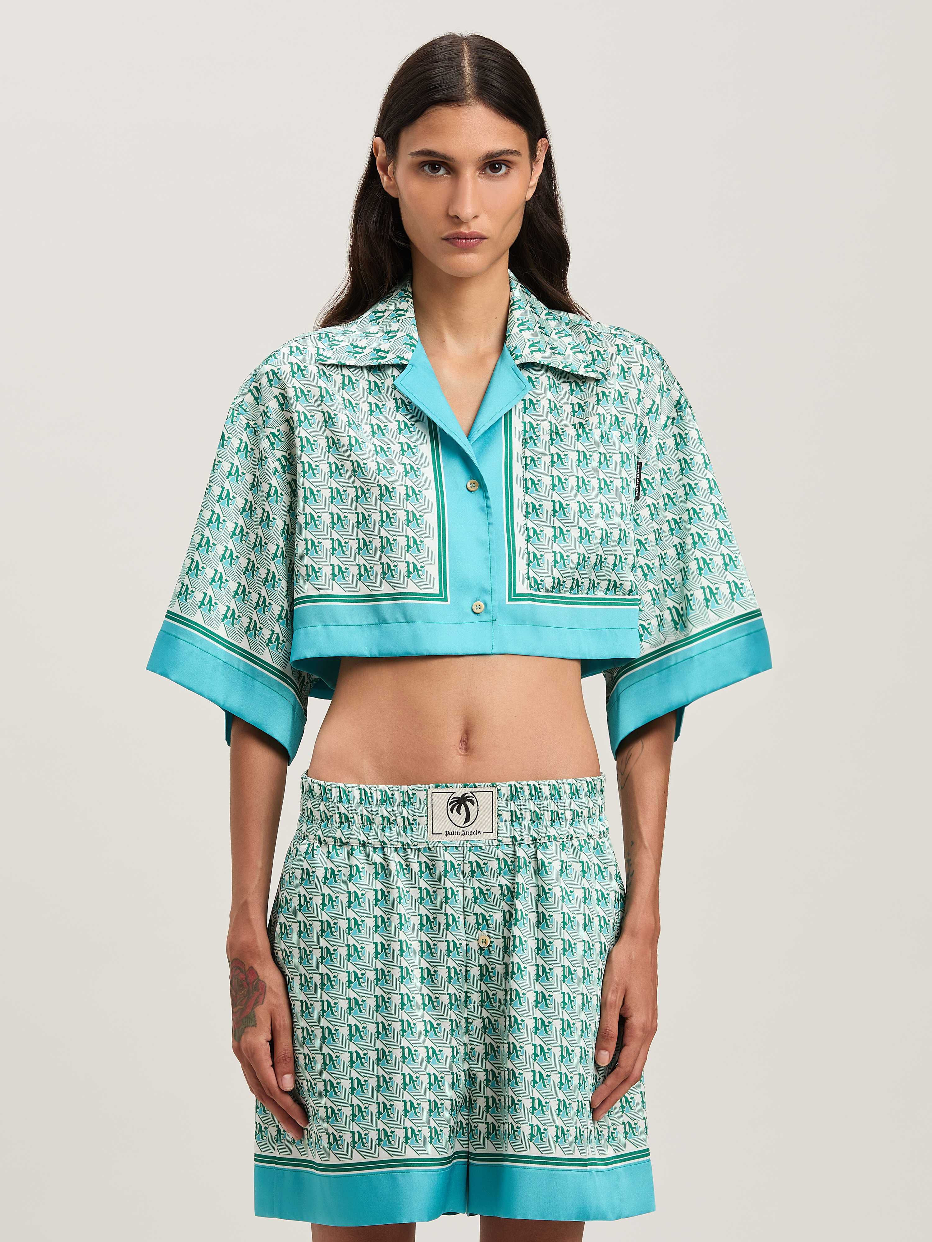 PALM ANGELS  PA Diamond cropped shirt GREEN - IVORY PWGG003S25FAB001