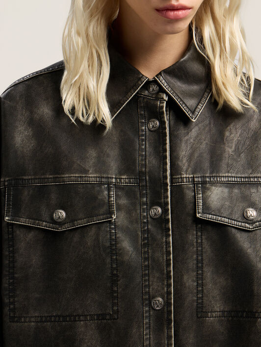 Curved Logo Coated Overshirt PALM ANGELS Curved Logo Coated Overshirt DARK GREY - BLACK PWJE009F25FAB001