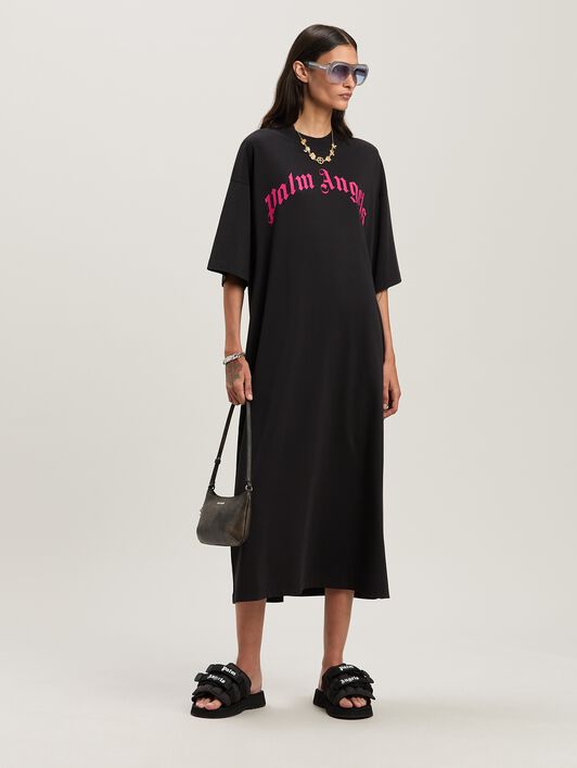 PALM ANGELS  Curved logo oversize T-shirt dress BLACK - FUCHSIA PWDH008S25JER001
