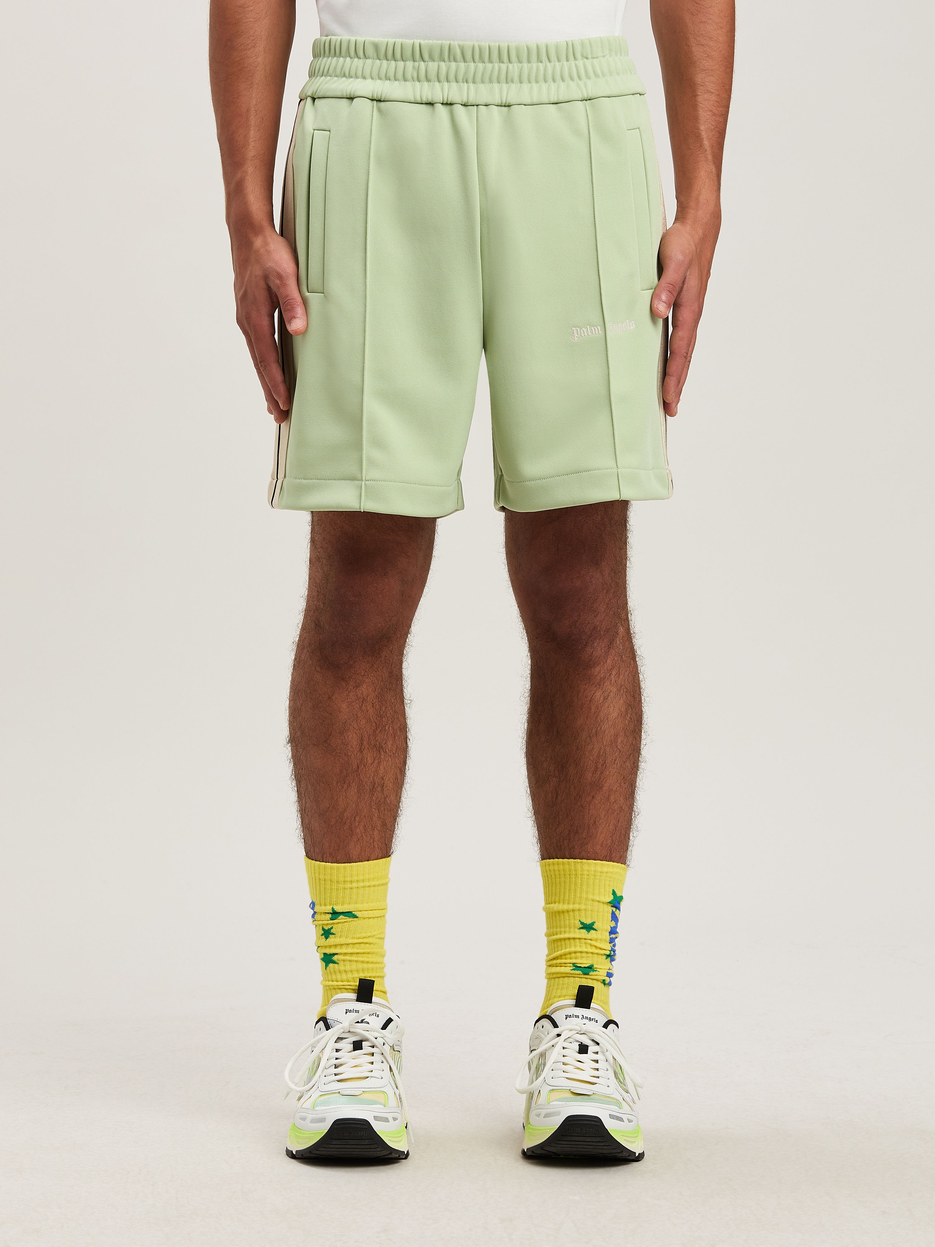 PALM ANGELS  Embroidered Logo Track shorts SAGE - OFF WHITE PMCL004S25FAB001
