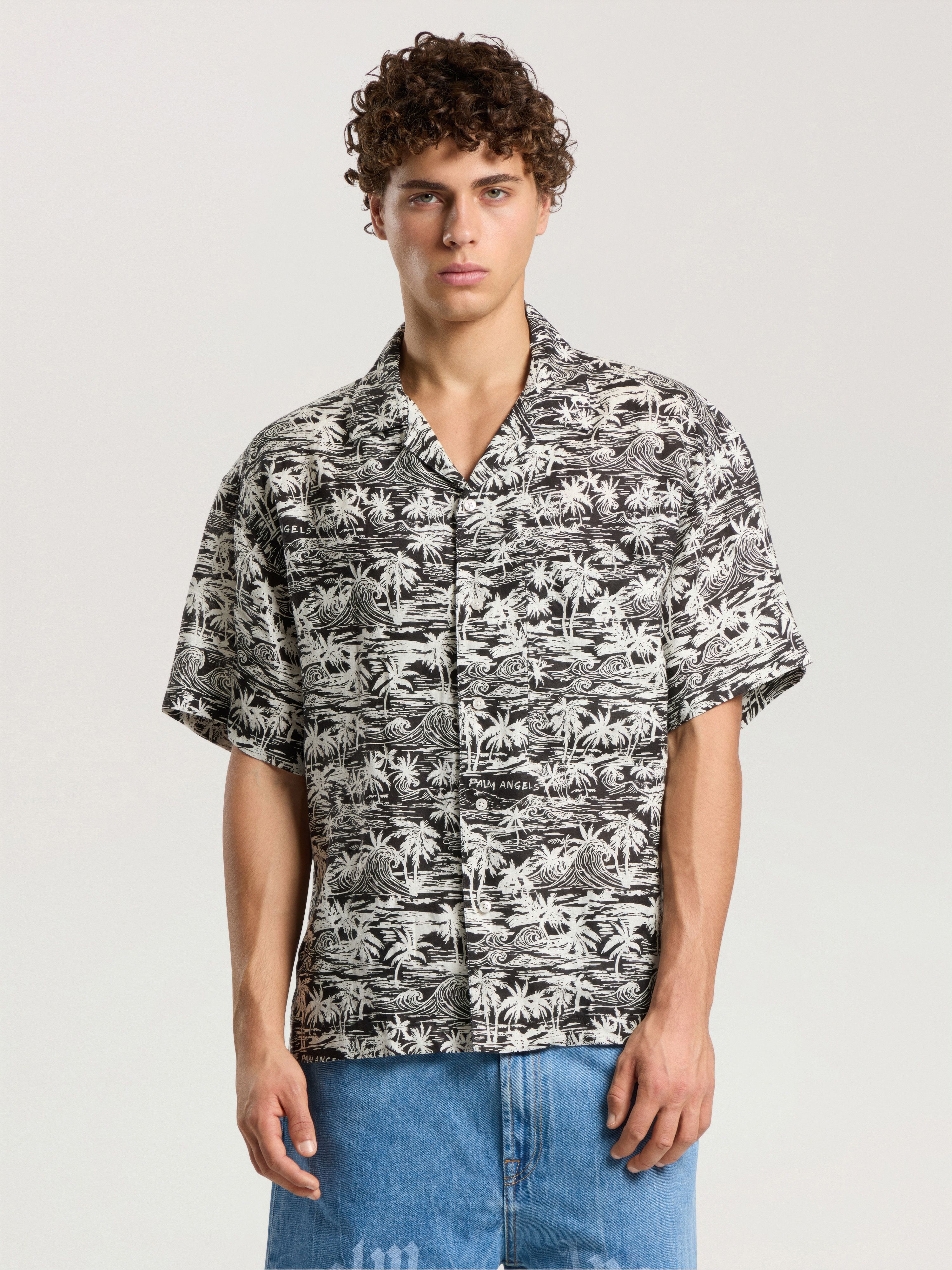 PALM ANGELS Palm Waves Linen Bowling Shirt BLACK - OFF WHITE PAMGG01F26FB02