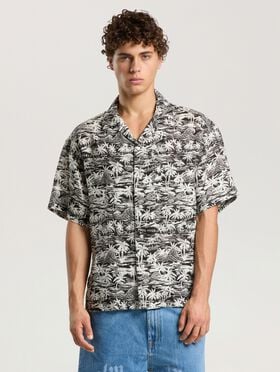 Palm Waves Linen Bowling Shirt PALM ANGELS Palm Waves Linen Bowling Shirt BLACK - OFF WHITE PAMGG01F26FB02