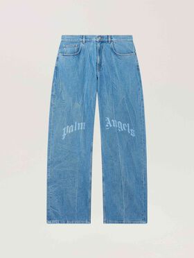 PALM ANGELS Splitted Curved Logo Loose Jeans LIGHT BLUE - LIGHT BLUE PAMYA01F26DN03