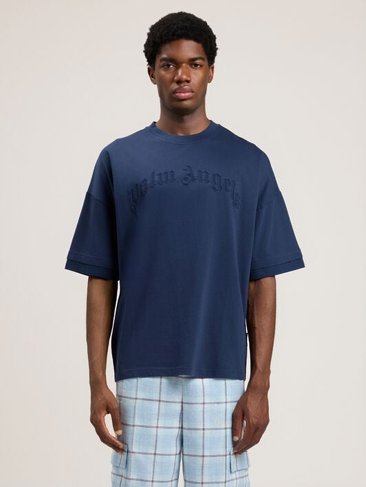 Curved Logo Loose Double T-Shirt PALM ANGELS Curved Logo Loose Double T-Shirt NAVY BLUE NAVY BLUE PMAA10QS26JER001