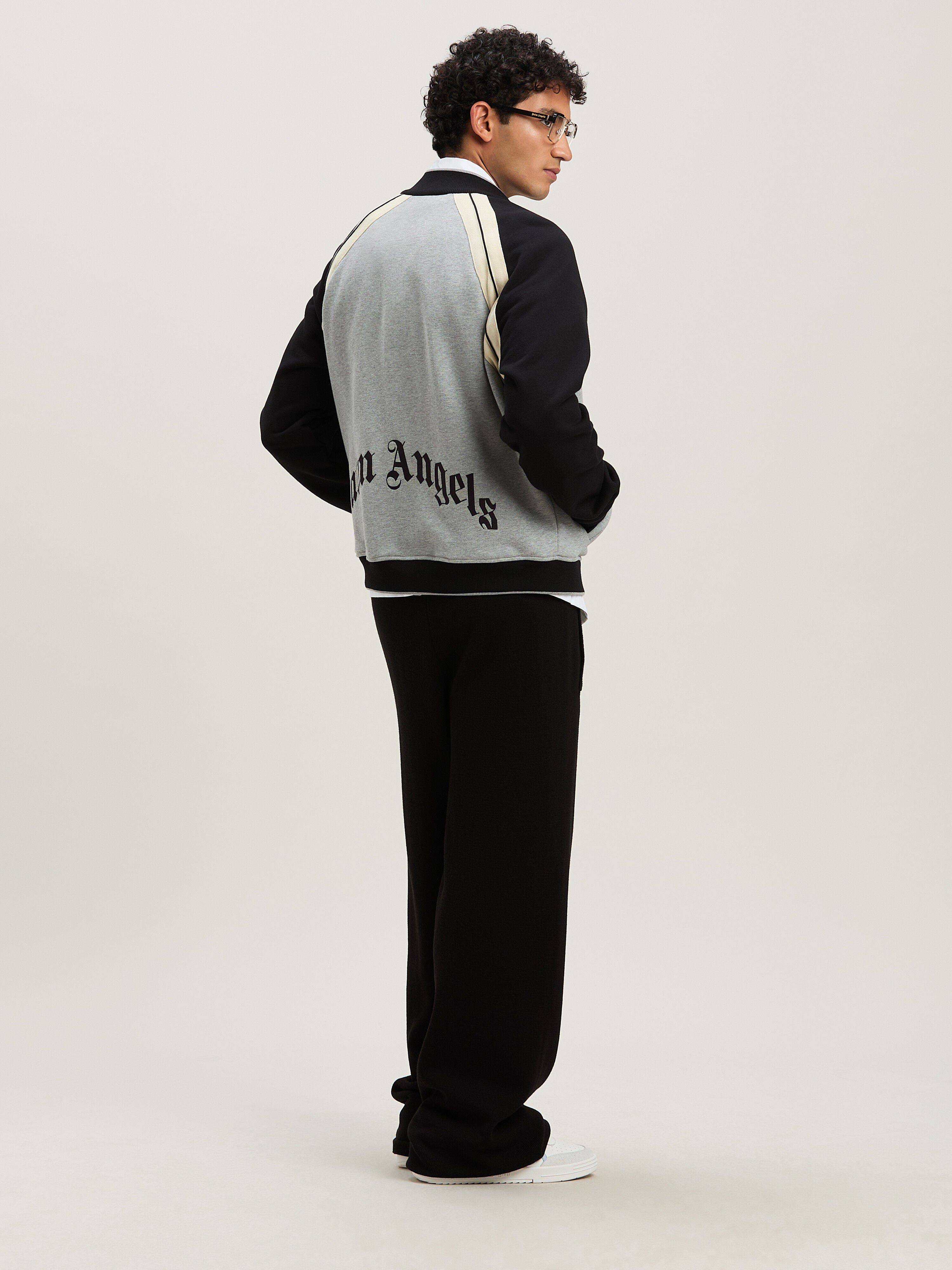 PALM ANGELS  Curved Logo Varsity Jacket GREY MELANGE - BLACK PMEK010S25FAB001