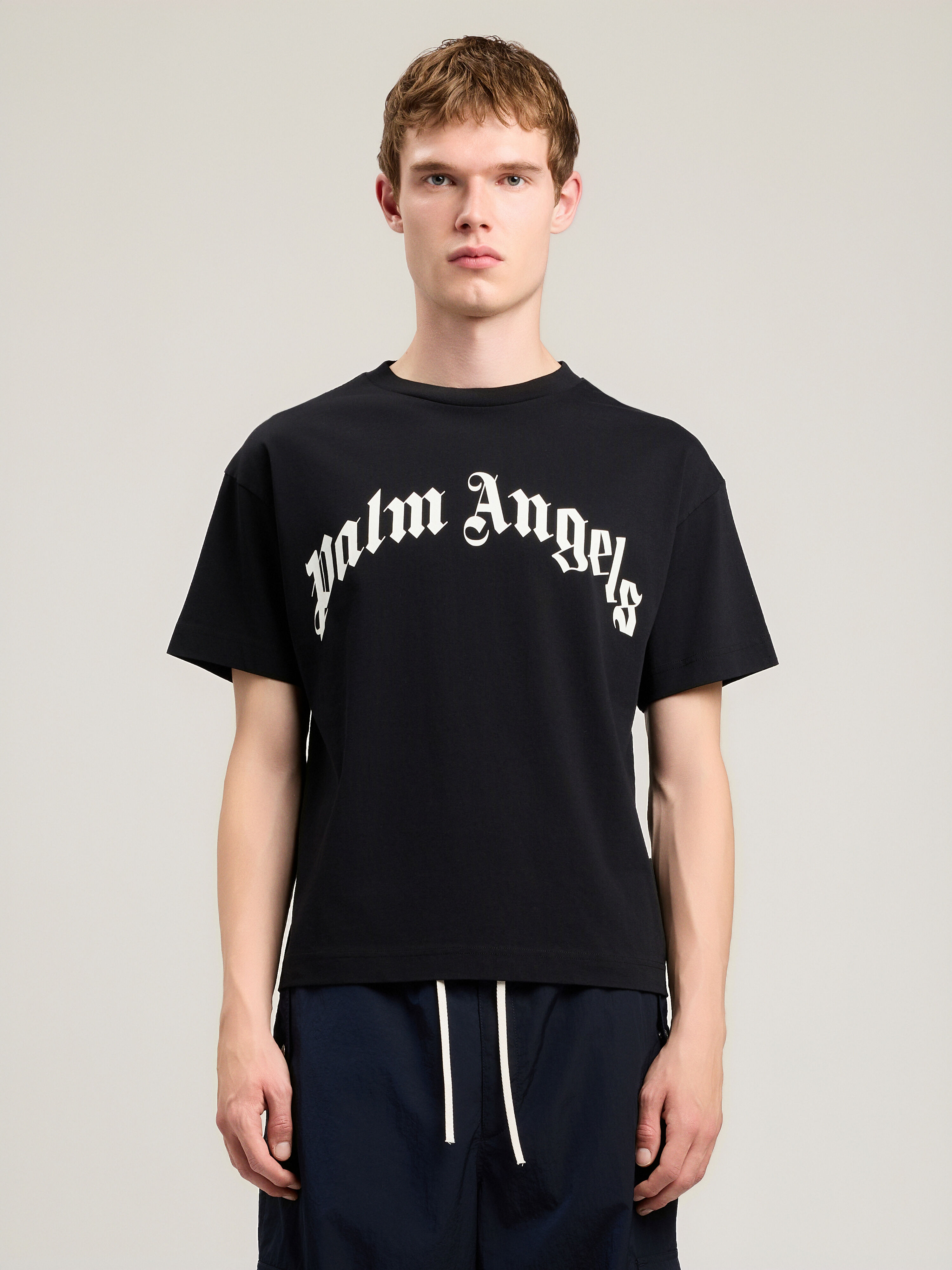 Curved Logo T-Shirt in BLACK OFF WHITE for Men | Palm Angels®