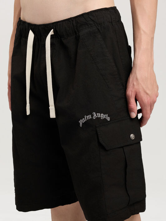 PALM ANGELS Curved Logo Loose Cargo Shorts BLACK OFF WHITE PMCS012S26FAB002