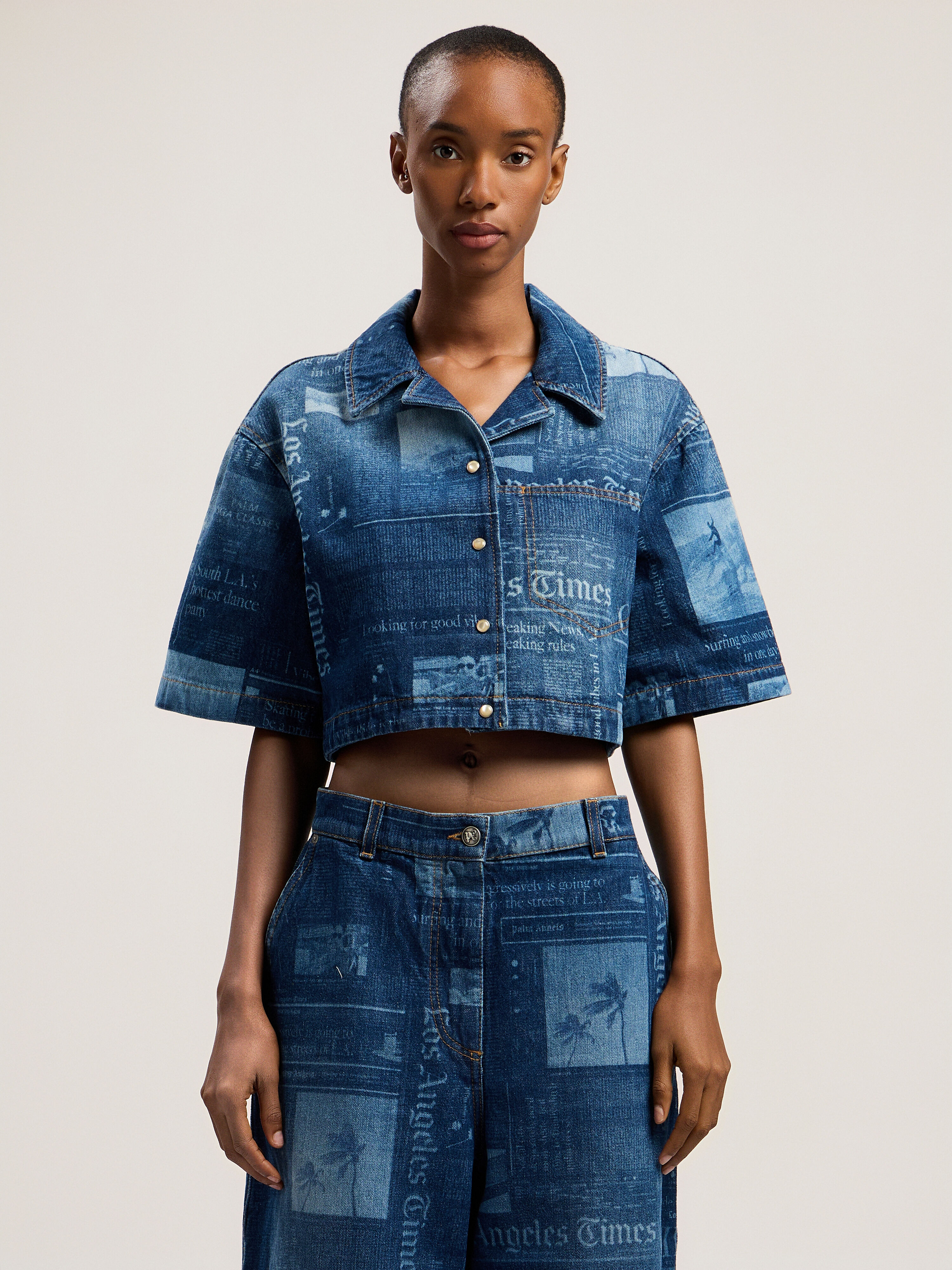 PALM ANGELS Newspaper Print Denim Shirt MEDIUM BLUE - DUSTY BLUE PWYD022F25DEN001
