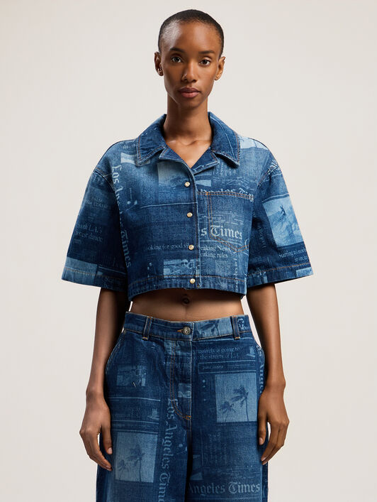 Newspaper Print Denim Shirt PALM ANGELS Newspaper Print Denim Shirt MEDIUM BLUE - DUSTY BLUE PWYD022F25DEN001