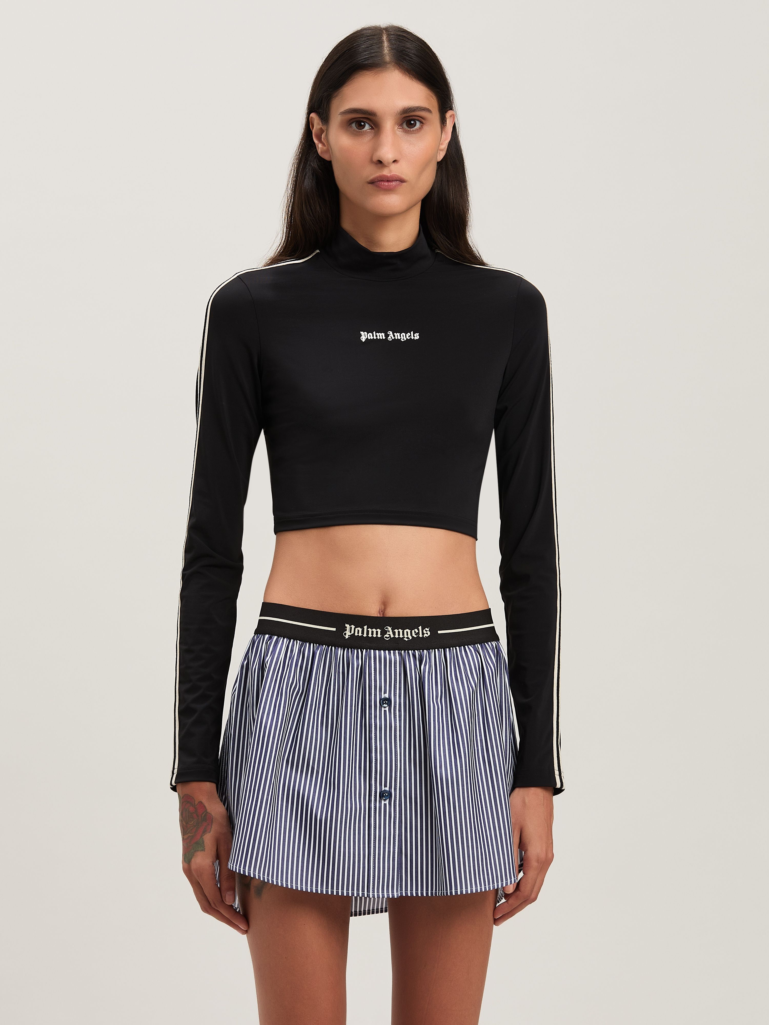 PALM ANGELS  Long sleeves cropped Baby T-shirt BLACK - OFF WHITE PWAD075S25FAB001