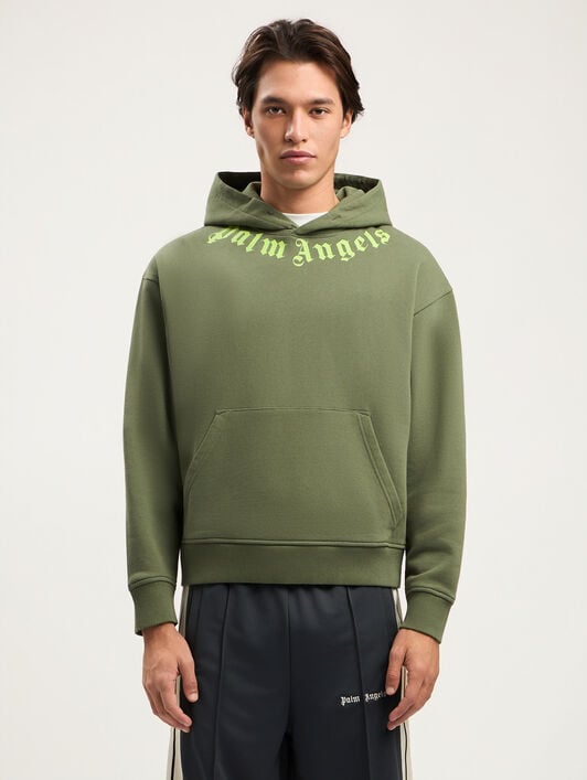 PALM ANGELS Neck Logo Hoodie MILITARY GREEN LIME PMBB17DS26FLE007
