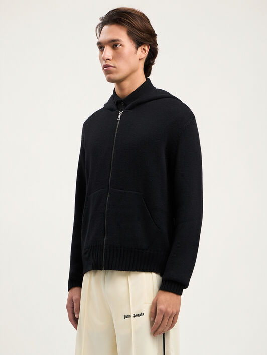 PALM ANGELS Curved Logo Knit Hoodie BLACK OFF WHITE PMHU02CS26KNI001