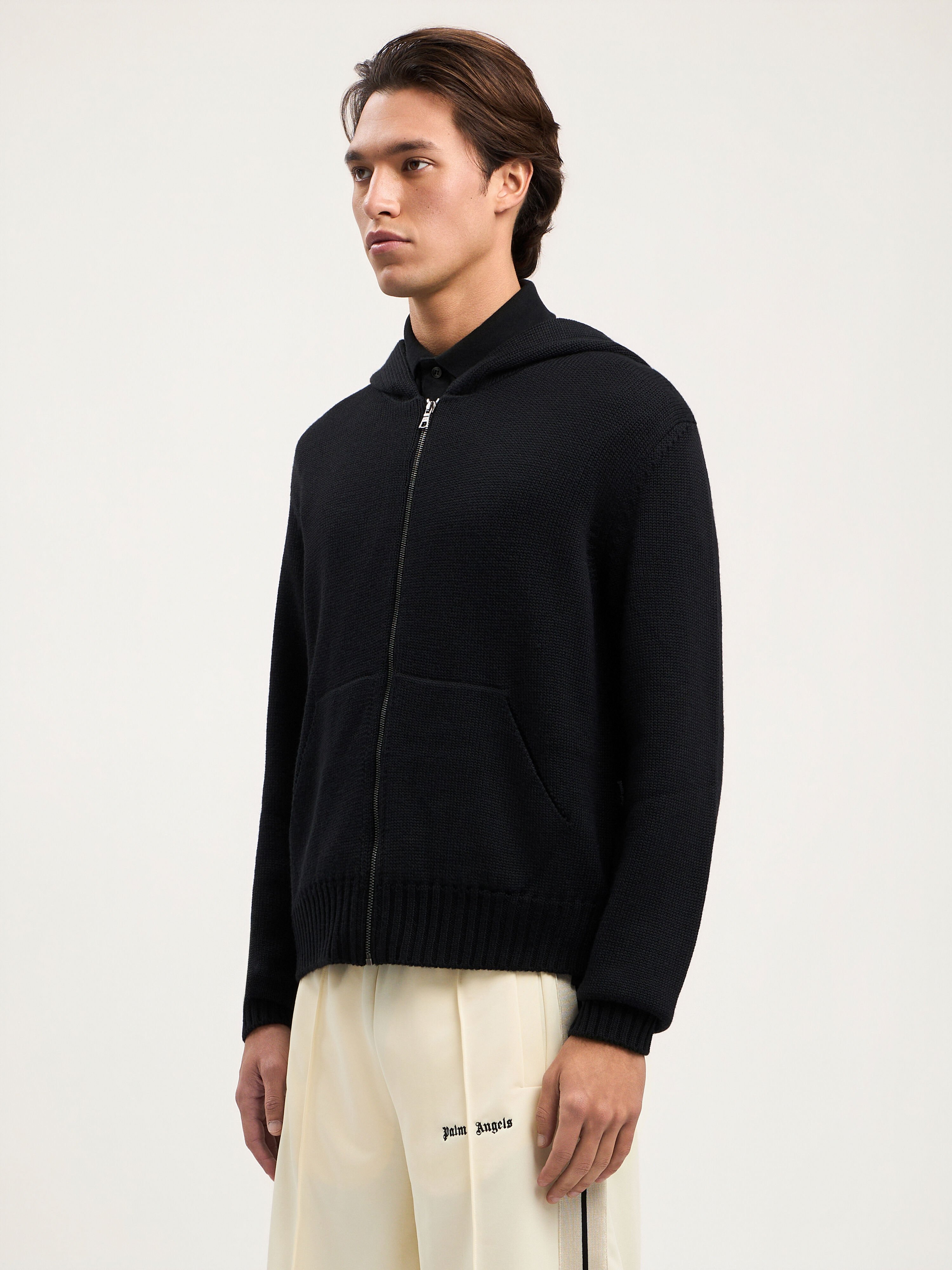 PALM ANGELS Curved Logo Knit Hoodie BLACK OFF WHITE PMHU02CS26KNI001