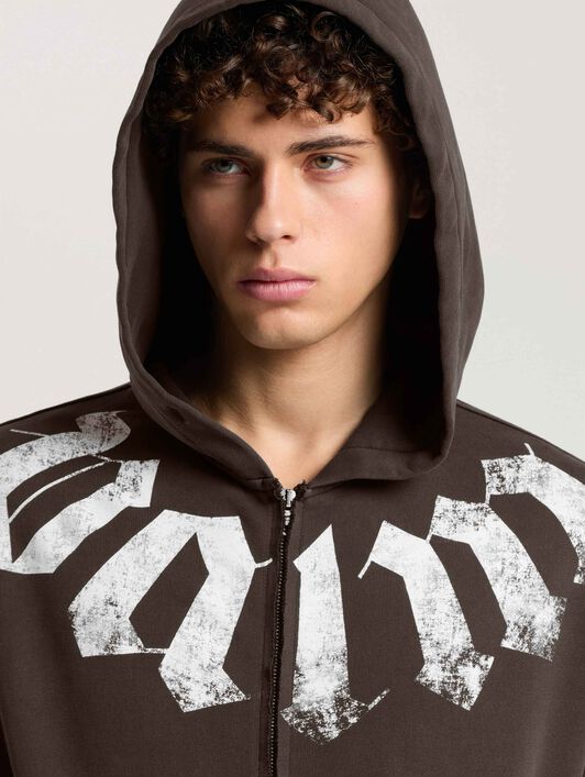 PALM ANGELS Big Neck Logo Zip Loose Hoodie BROWN - OFF WHITE PAMBE02F26FL01