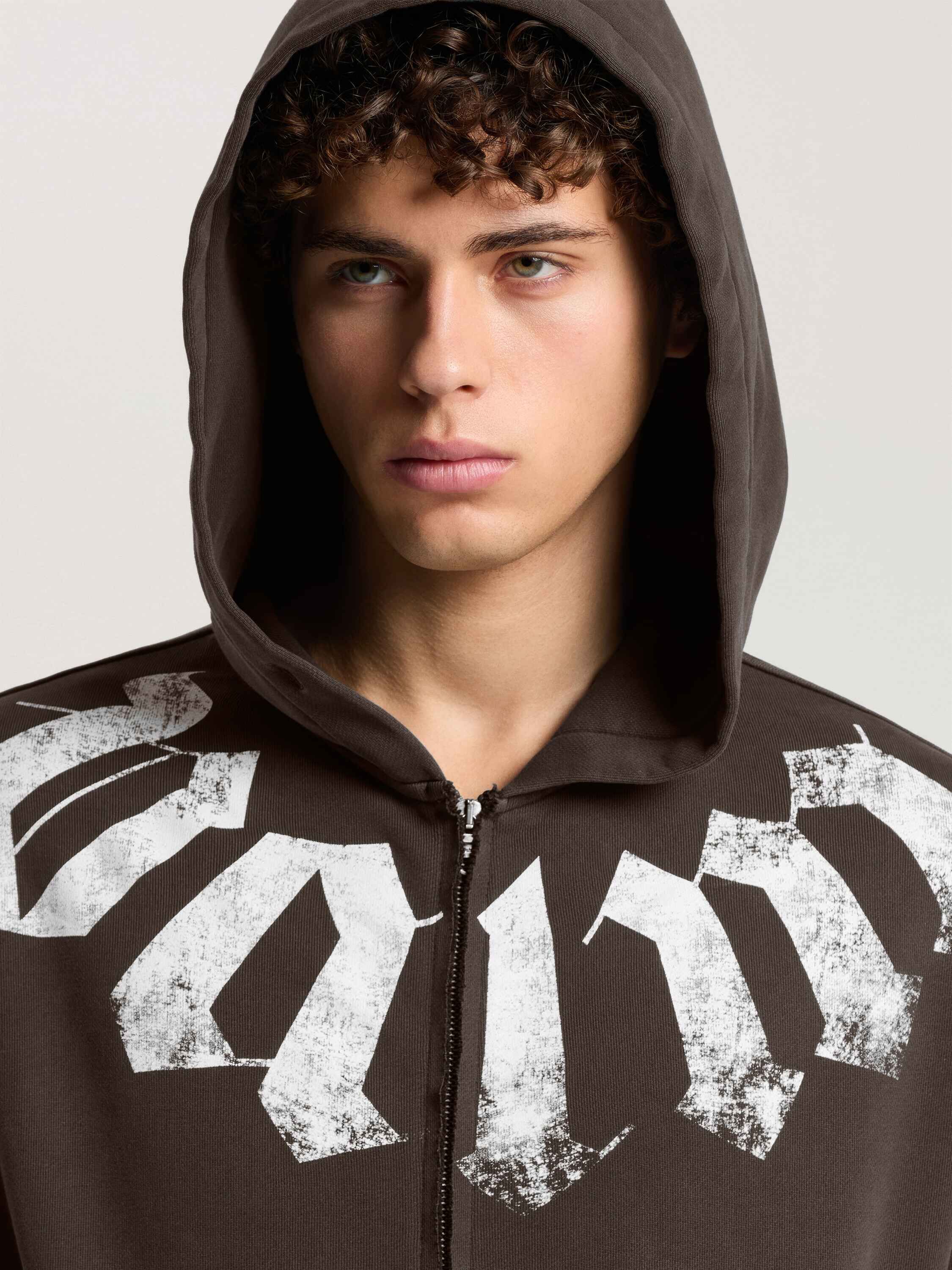 PALM ANGELS Big Neck Logo Zip Loose Hoodie BROWN - OFF WHITE PAMBE02F26FL01