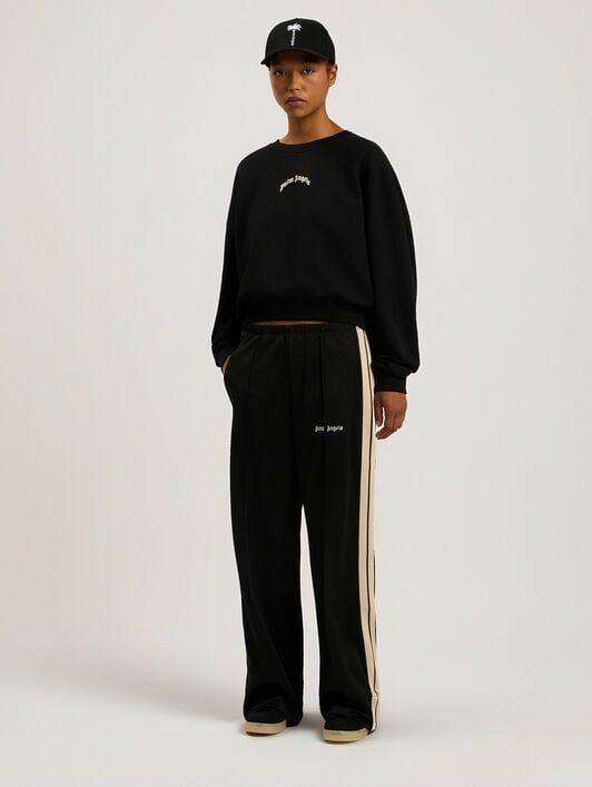 PALM ANGELS Curved Logo Loose Crewneck Sweatshirt BLACK - CREAM PAWBA03F26FL01