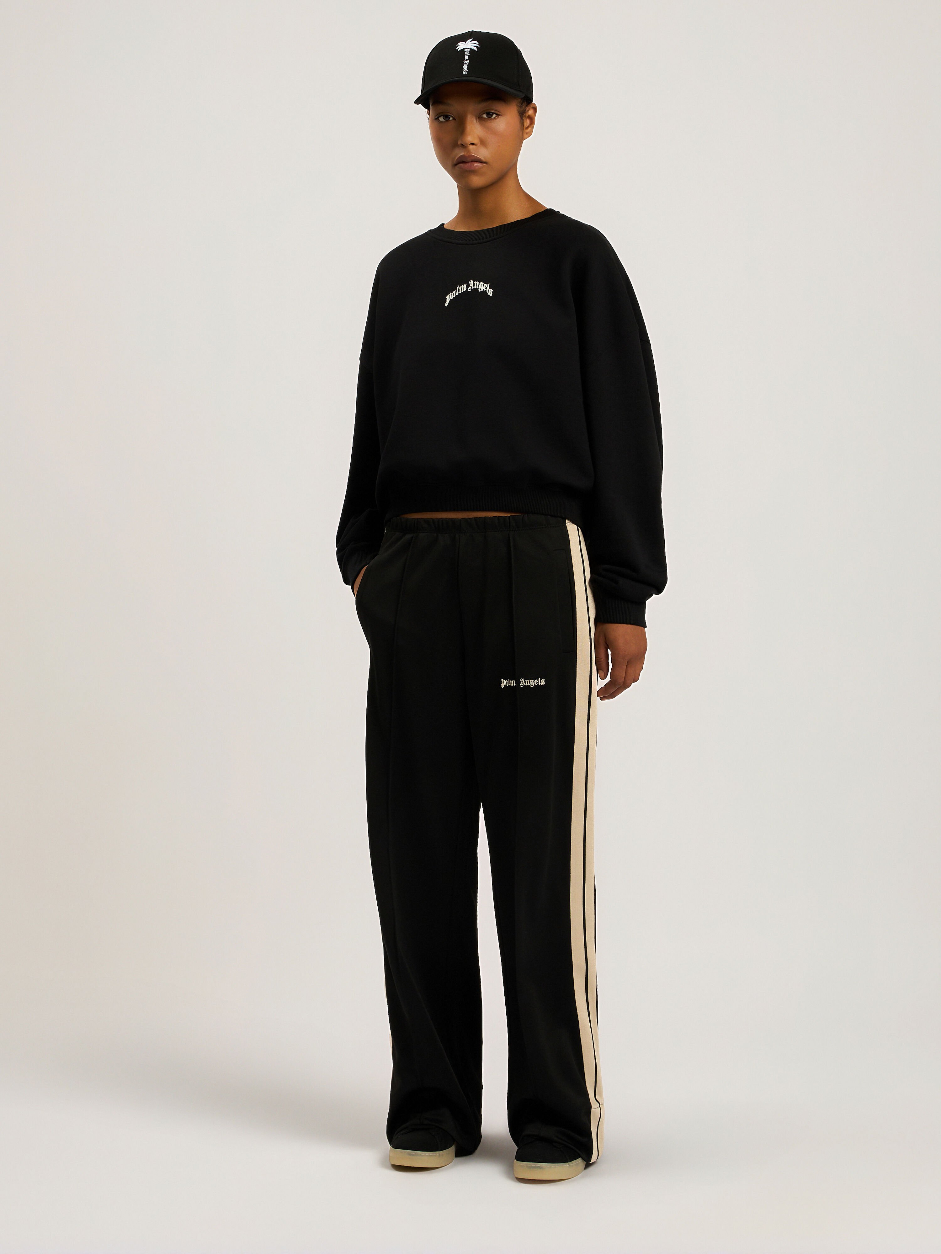 PALM ANGELS Curved Logo Loose Crewneck Sweatshirt BLACK - CREAM PAWBA03F26FL01