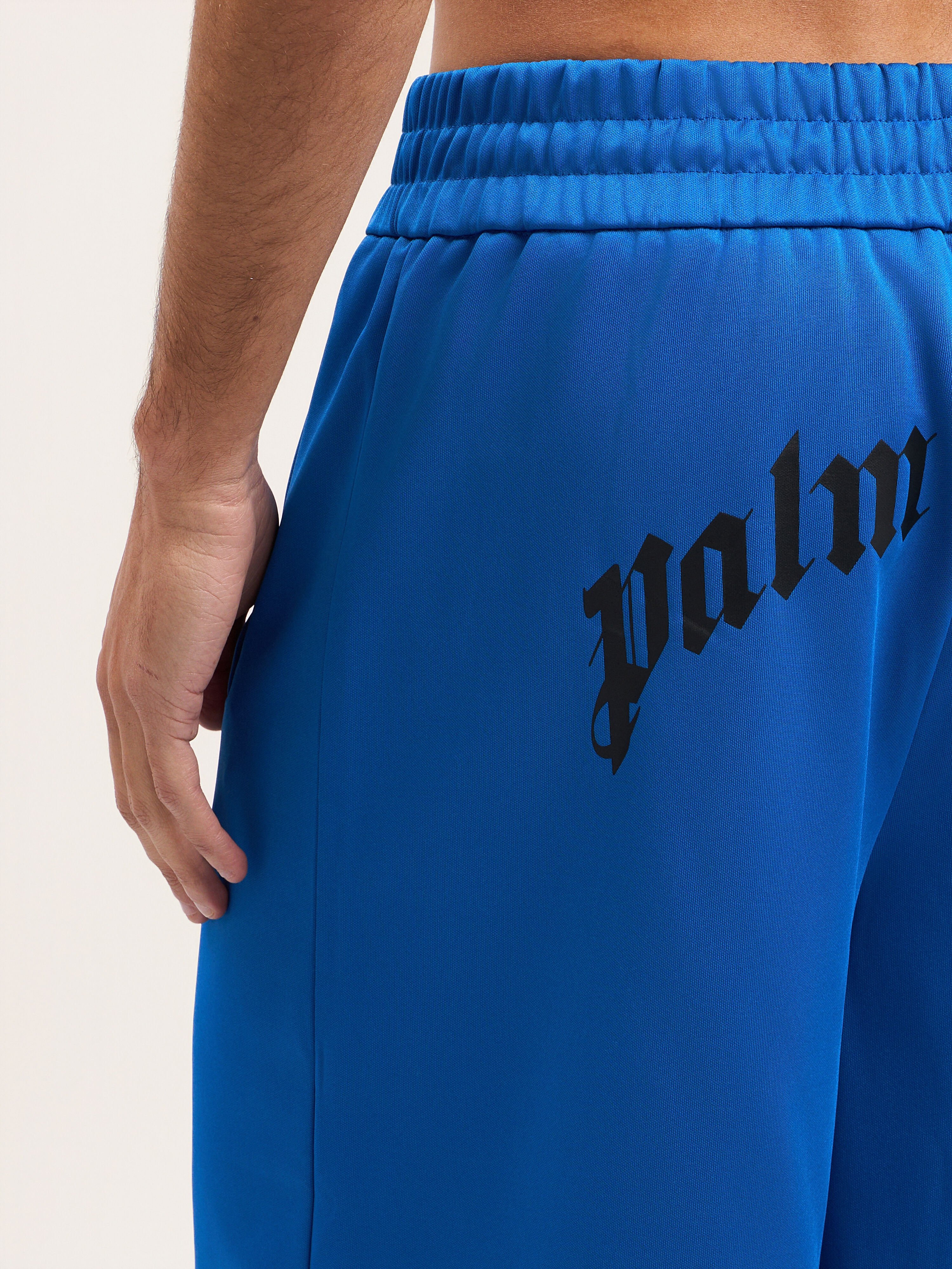 PALM ANGELS Back Curved Logo Track Shorts COBALT BLUE BLACK PMCL00AS26FAB001