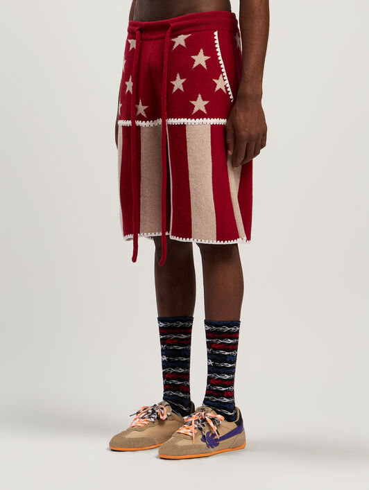 PALM ANGELS Stars&Stripes Knit Shorts RED - ECRU PMHM015F25KNI001