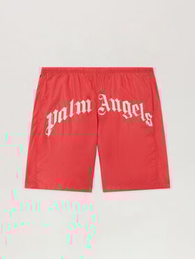 PALM ANGELS Curved Logo Swimshorts RED OFF WHITE PMFD018S26FAB001