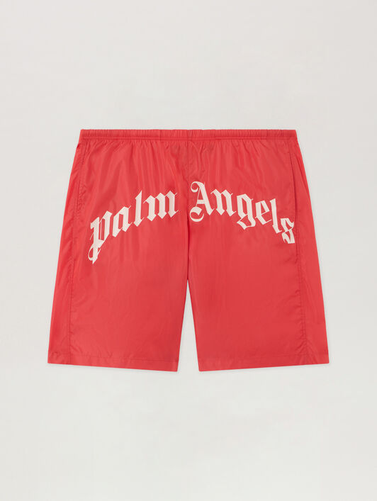 PALM ANGELS Curved Logo Swimshorts RED OFF WHITE PMFD018S26FAB001