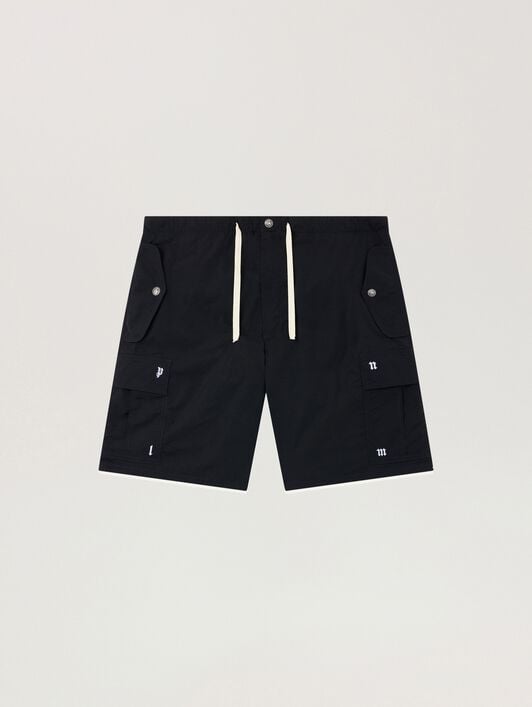 Palm Type Loose Cargo Shorts PALM ANGELS Palm Type Loose Cargo Shorts BLACK - OFF WHITE PAMCS02F26FB01
