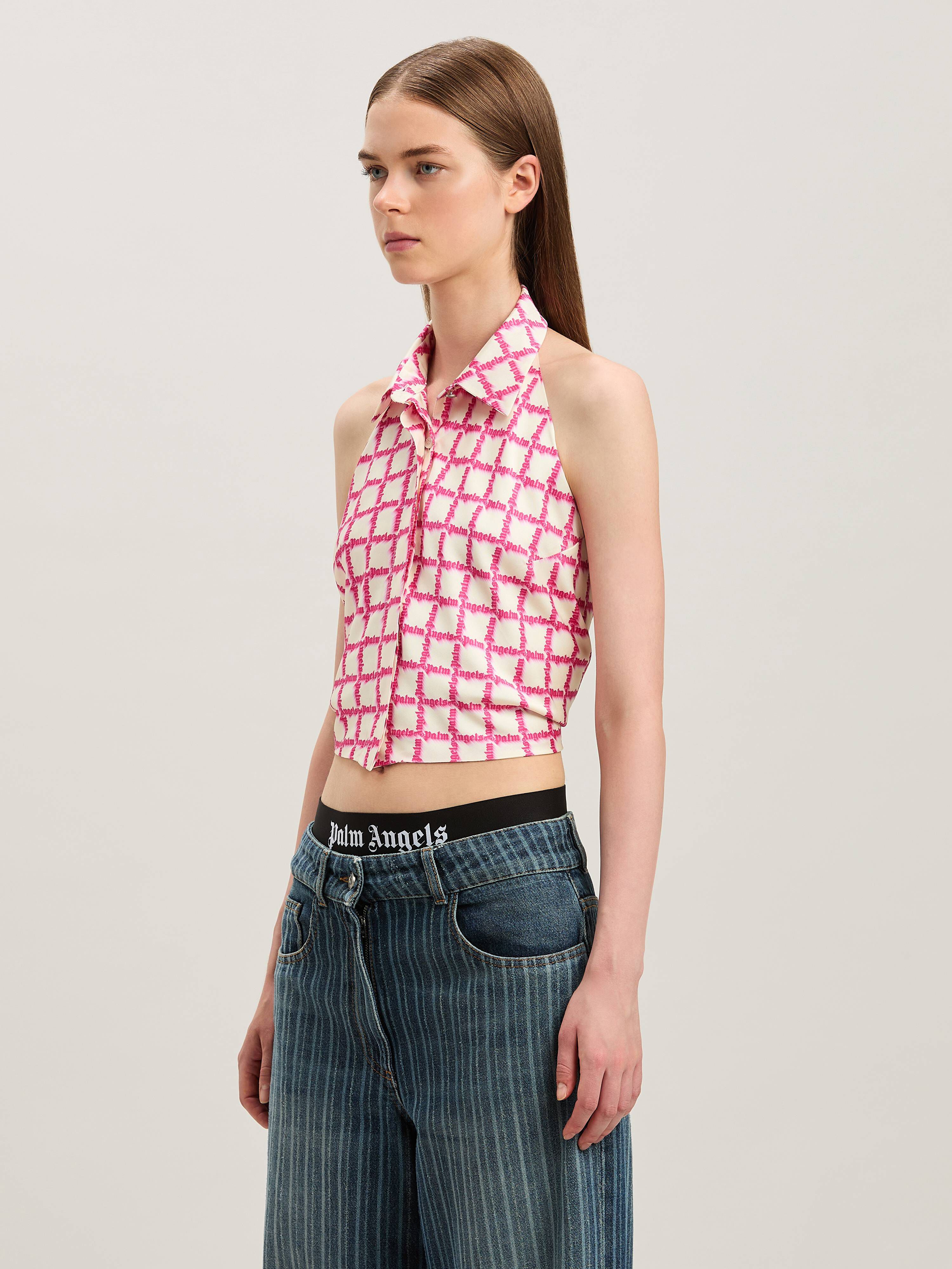 PALM ANGELS  Net logo open back shirt IVORY - FUCHSIA PWGF010S25FAB001