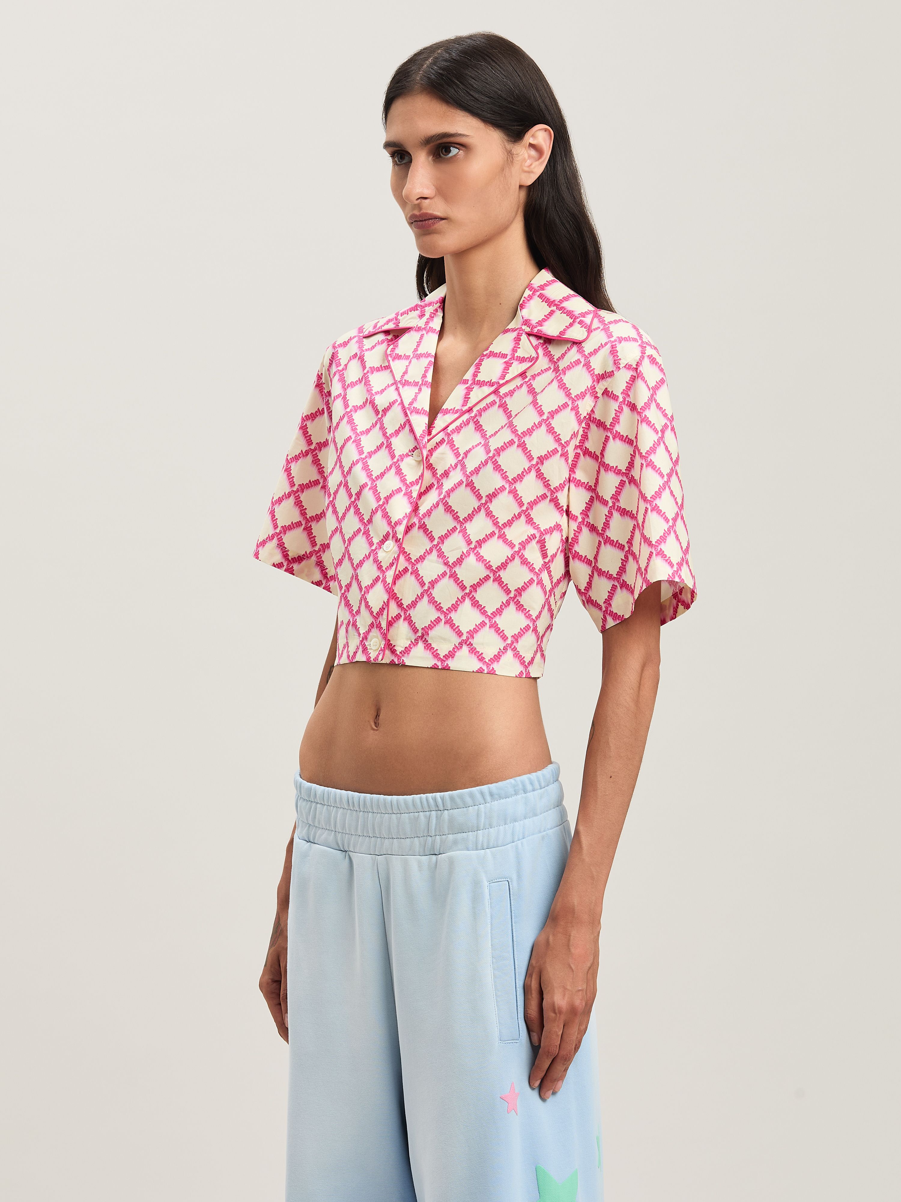 PALM ANGELS  Net Logo crisscrossed shirt IVORY - FUCHSIA PWGG007S25FAB001